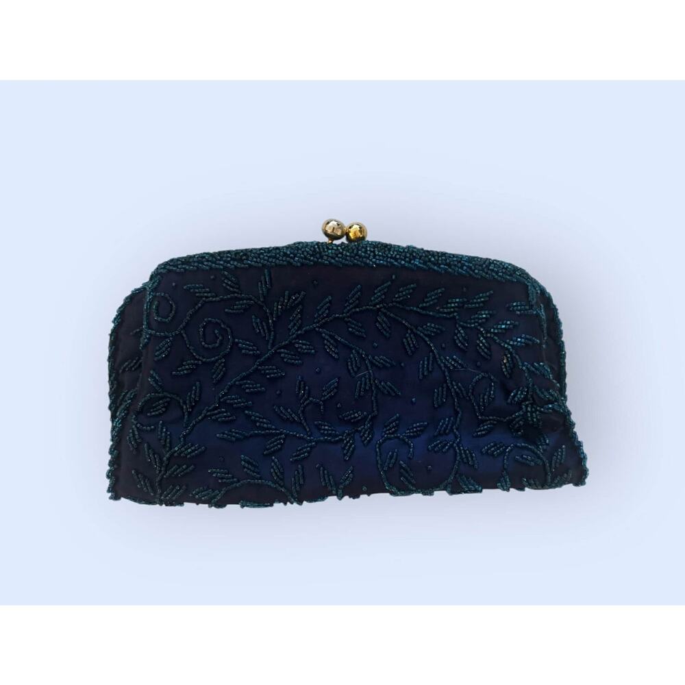 Vintage 1960's Blue Beaded SWEATERS Satin Handbag Purse Gold Clasp Fold Over EUC - Picture 3 of 4